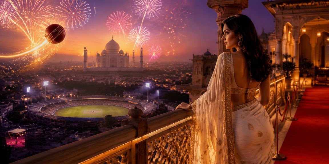 Cricket fan placing IPL bets online near Taj Mahal in Agra